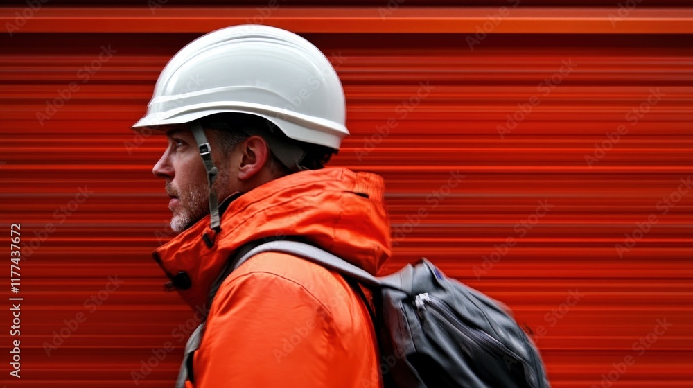 Obraz premium construction worker wearing a white helmet and bright orange jacket walks with determination near a bustling site. background features bold, dynamic colors that enhance the environment