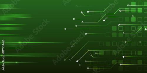 Abstract green futuristic background consisting of printed circuit board squares and other technological elements. Digital communication, data protection, high tech presentation, science cover.