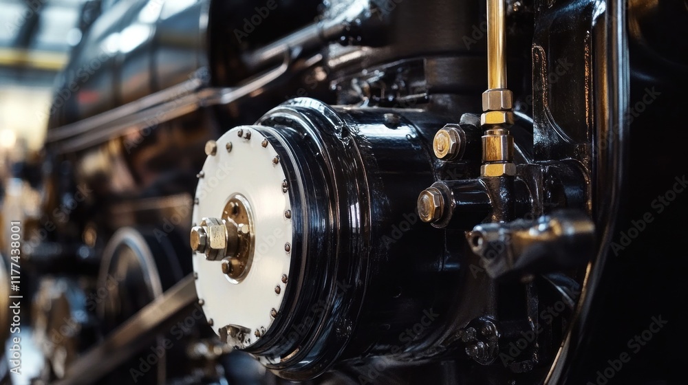 Close-up of a mechanical component from a steam engine showcasing intricate details. Close-up of a mechanical component from a steam engine showcasing intricate details.