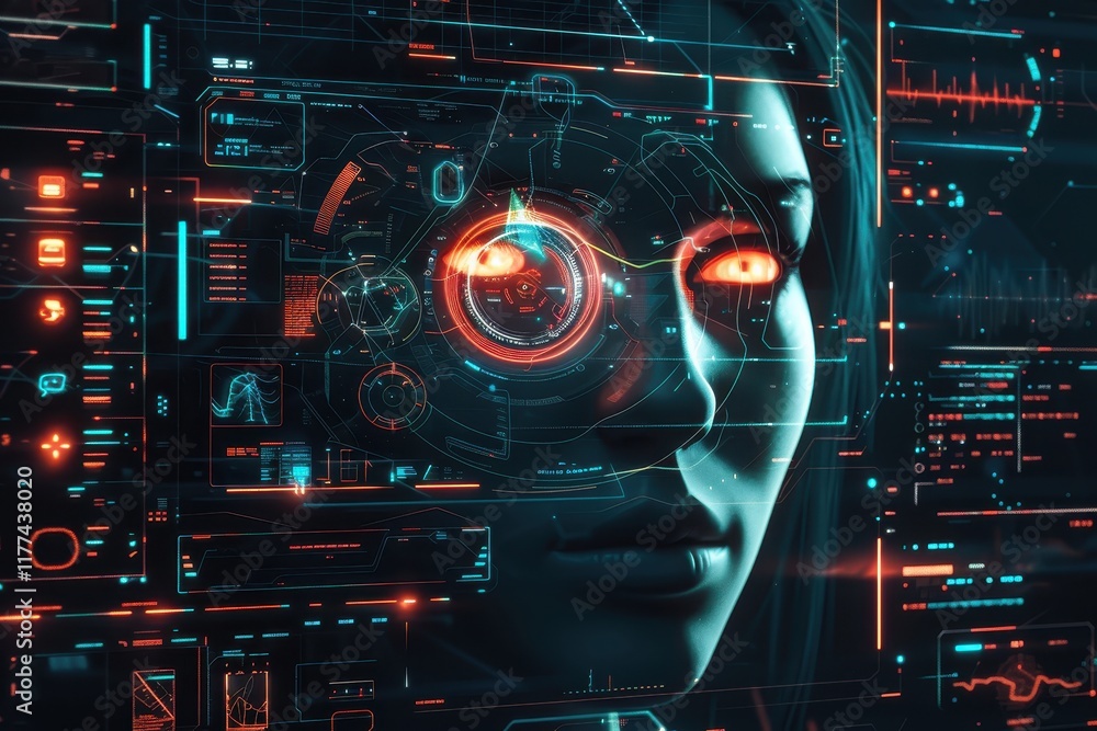 Human Face With Glowing Red Eyes In A Digital Interface Human Face With Glowing Red Eyes In A Digital Interface