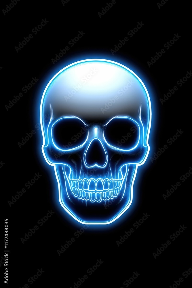 Fototapeta premium Glowing blue human skull isolated on black background.