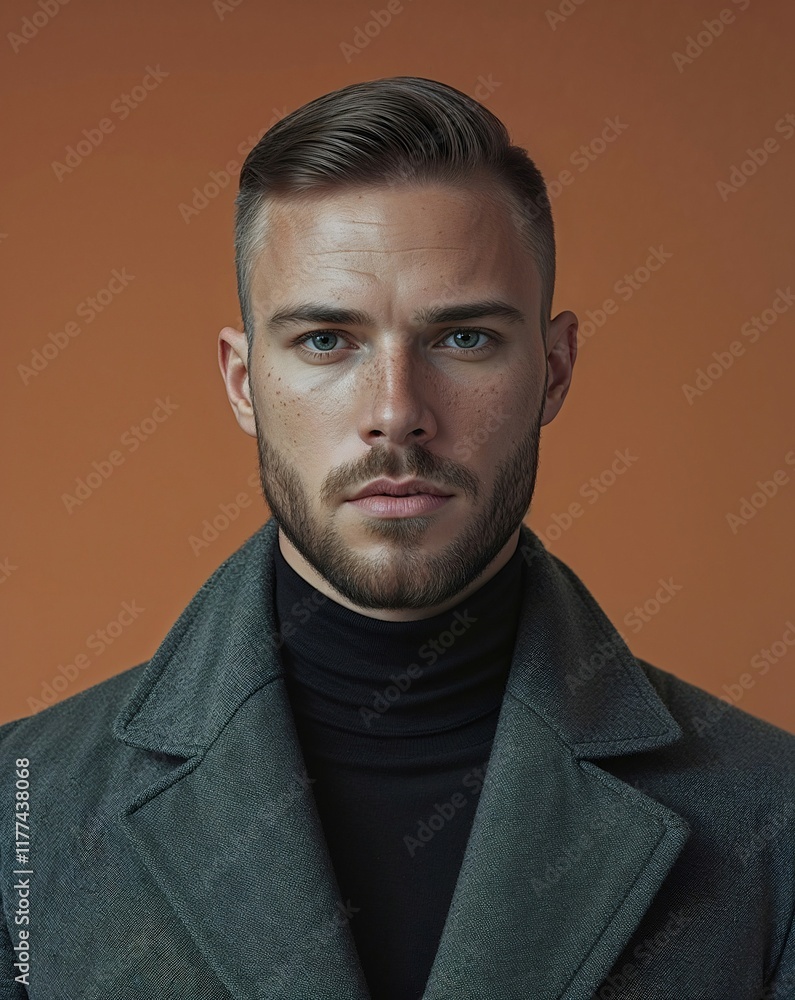 Fototapeta premium Intriguing Gaze: A captivating portrait of a young man, radiating confidence and sophistication, with a piercing gaze and a stylishly casual attire. His short.