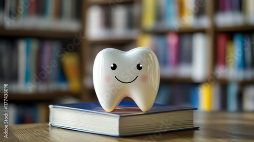 Content tooth mascot resting on book in library
