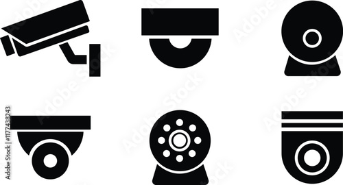 CCTV security camera icons set video surveillance monitoring, defocused home security camera, wall mounted for outdoor area safety and observation flat vector collection isolated transparent