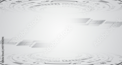 Sci-fi gray background with various technology elements. Science concept, circles with shadows and lines. Abstract hi tech communication for presentation or banner.