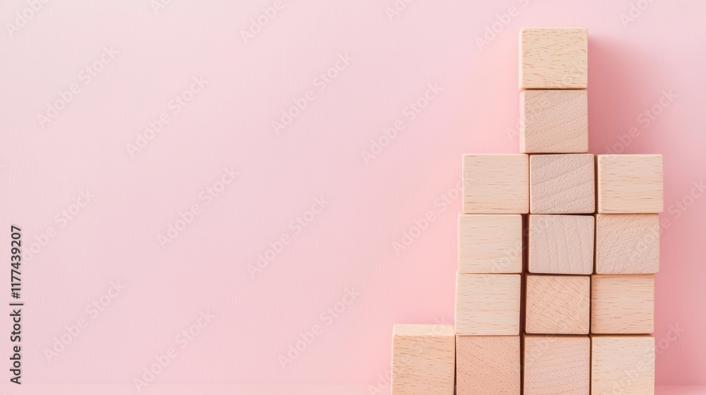Wooden Blocks Arranged in a Creative Design on Soft Pink Background Wooden Blocks Arranged in a Creative Design on Soft Pink Background