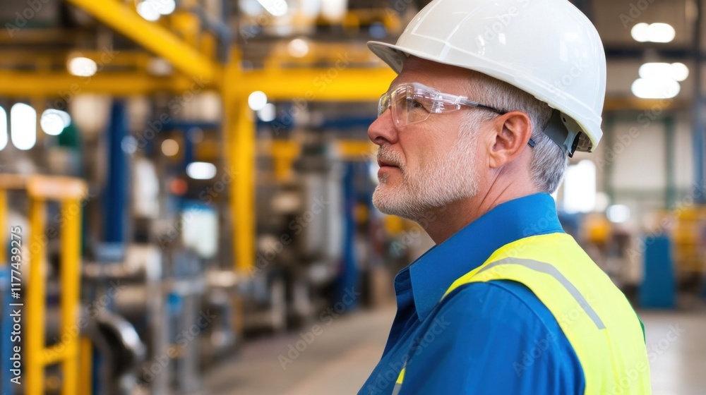 focused worker in a hard hat and safety glasses stands in a warehouse, overseeing machinery and industrial operations. environment shows vibrant colors and organized layout focused worker in a hard hat and safety glasses stands in a warehouse, overseeing machinery and industrial operations. environment shows vibrant colors and organized layout