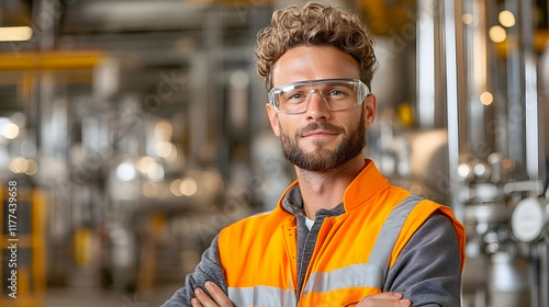 Confident engineer in factory, arms crossed, industrial background, portrait for manufacturing recruitment.