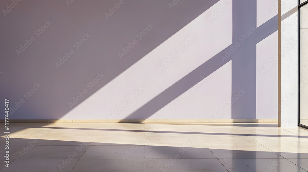 Fototapeta premium empty room with pastel mauve wall, smooth floor, and soft shadows creating serene atmosphere. light enhances minimalist design and tranquil vibe