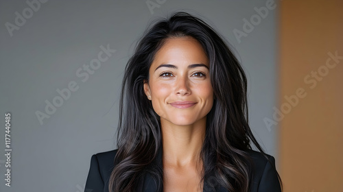 Confident woman portrait, studio shot, neutral background, corporate headshot, ideal for business profile.