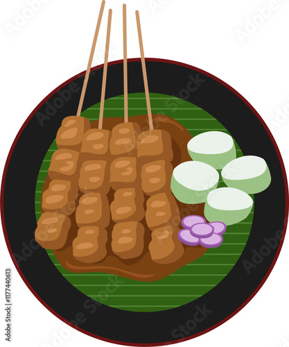Illustration of chicken satay on a plate