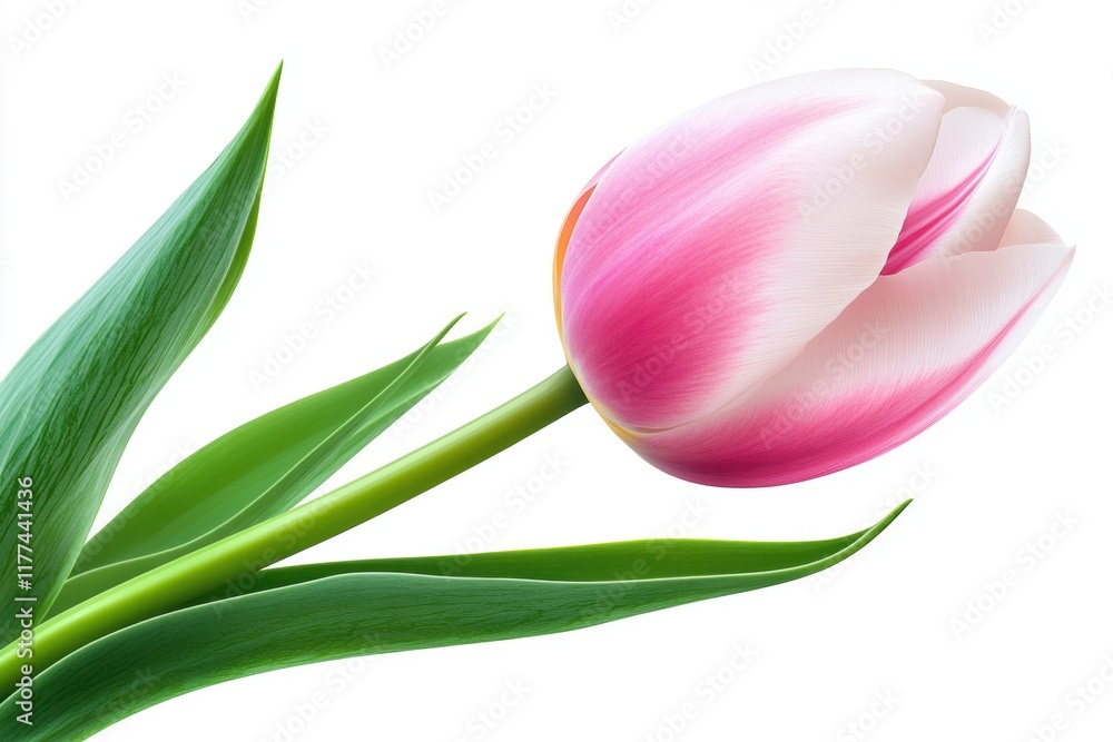 Single Pink and White Tulip Flower with Stem and Leaves Single Pink and White Tulip Flower with Stem and Leaves
