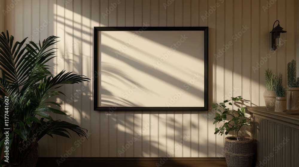 Blank Frame Mockup with Plants and Sunlight Shadows on Beige Wood Wall Blank Frame Mockup with Plants and Sunlight Shadows on Beige Wood Wall