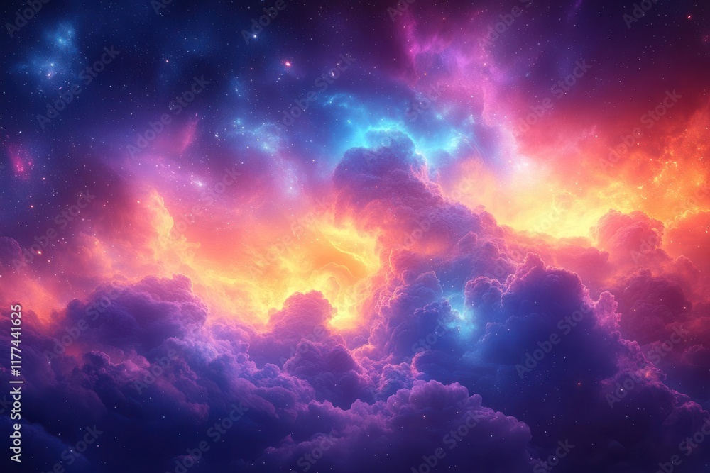 Naklejka premium ethereal dreamscape with swirling aurora-like clouds in mesmerizing pattern of deep purple, electric blue, and brilliant orange against twilight sky