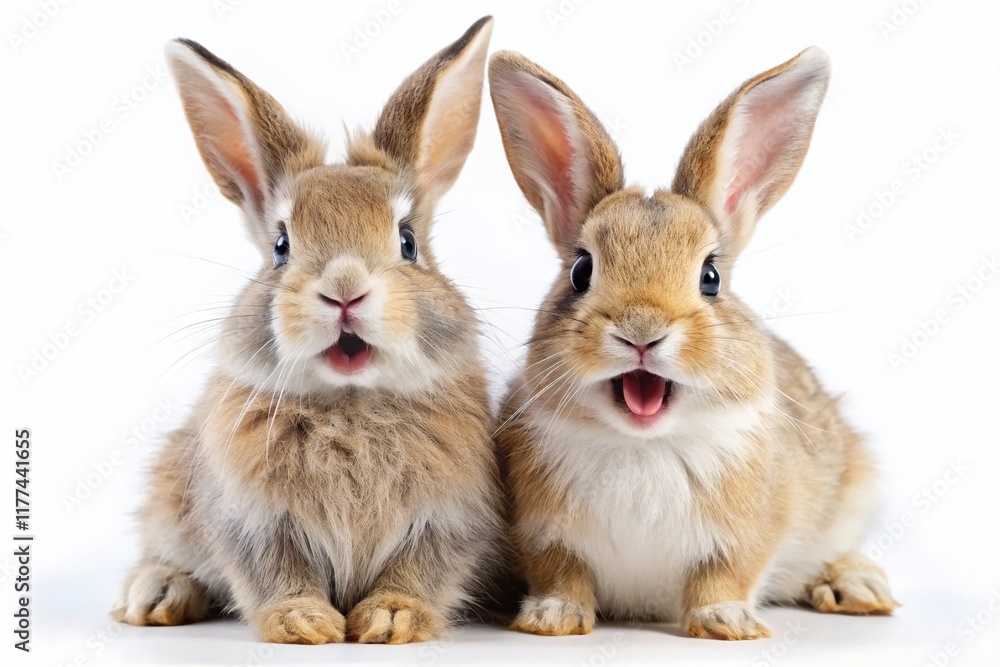 Obraz premium Hilarious Bunnies: Two Cute Rabbits Posing Against White Background