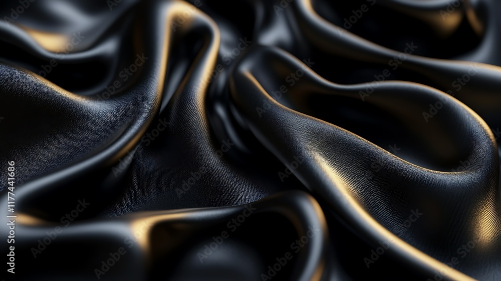Fototapeta premium Luxurious black silk fabric texture, elegant drapes, abstract background, ideal for fashion design.