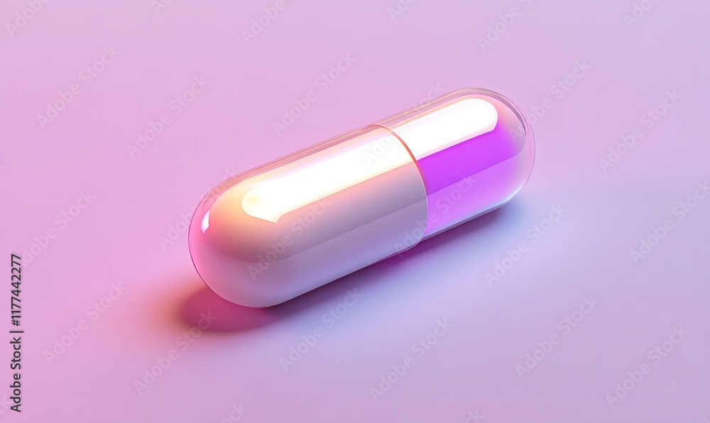 Close-up of a single iridescent capsule pill on a pink background. Close-up of a single iridescent capsule pill on a pink background.