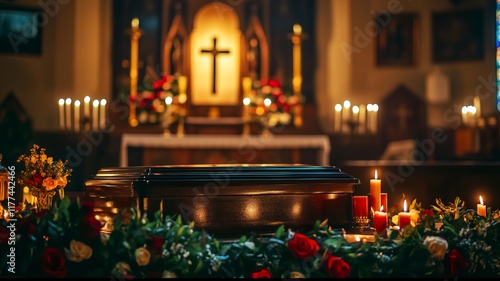 Wallpaper Mural The coffin with the deceased stands in the church next to the altar, in the foreground there is a wreath and candles are burning Torontodigital.ca