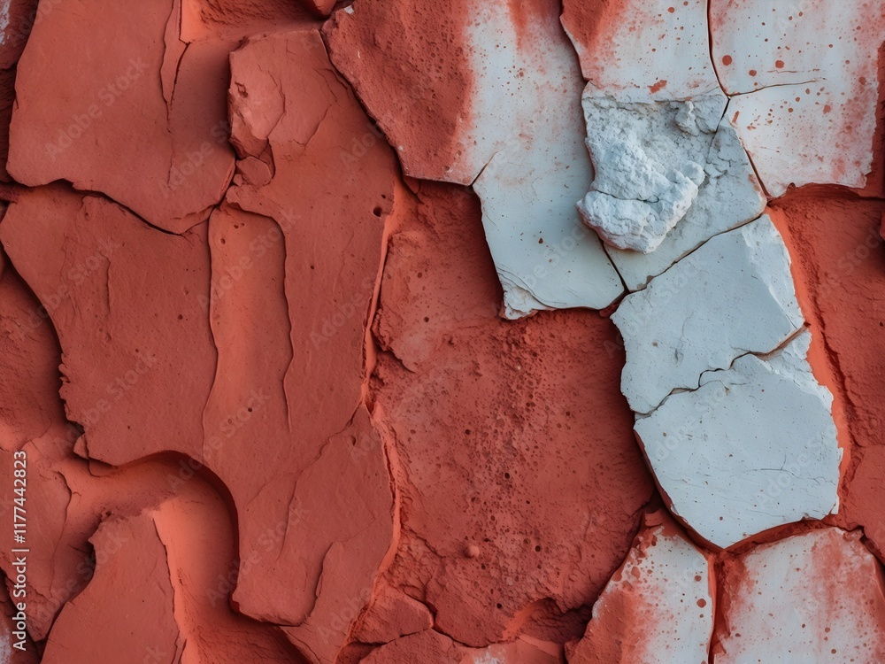 Fototapeta premium Weathered Red and White Paint Texture Background with Cracks and Flaking Layers for Vintage Effects
