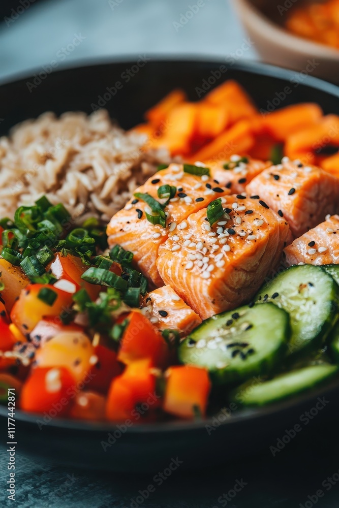 close up of vegetables salmon and rice. Selective focus close up of vegetables salmon and rice. Selective focus