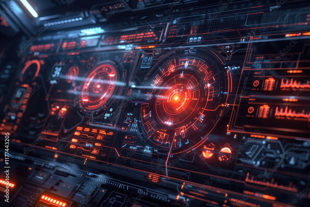Futuristic Sci-Fi Interface with Glowing Red and Blue Displays Futuristic Sci-Fi Interface with Glowing Red and Blue Displays