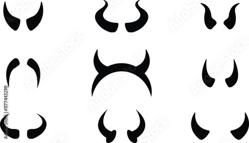 Devil horn icon set. Black vector flat demon or satan Halloween carnial elements collection. Mobil app attributes template design symbol isolated on transparent background.