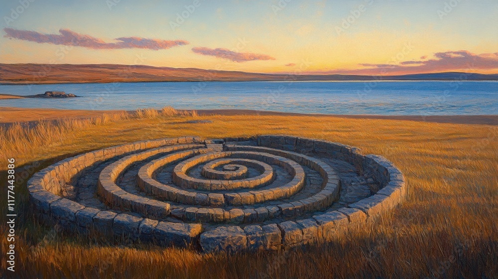 Spiral Stone Structure at Sunset Over Coastal Landscape Spiral Stone Structure at Sunset Over Coastal Landscape