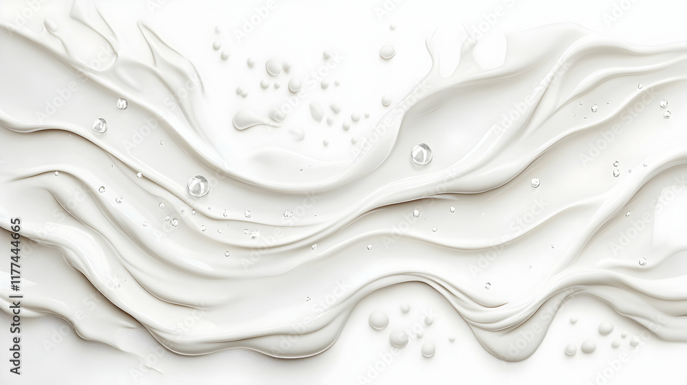 Obraz premium Creamy white liquid swirls and droplets on white background; ideal for beauty, skincare, or food product advertising.