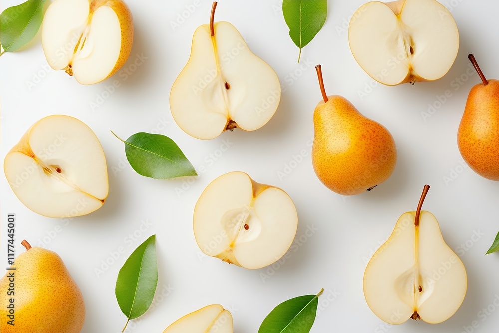 Obraz premium Juicy Yellow Pears Halved and Whole Fruit with Leaves