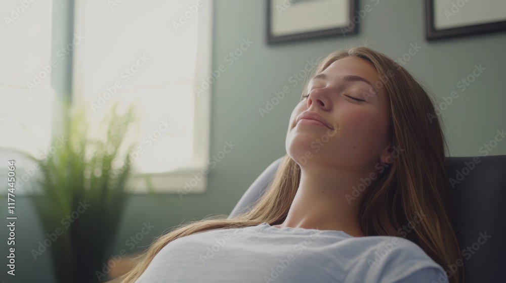 A relaxed woman enjoys a serene moment, basking in natural light in a peaceful indoor setting. A relaxed woman enjoys a serene moment, basking in natural light in a peaceful indoor setting.
