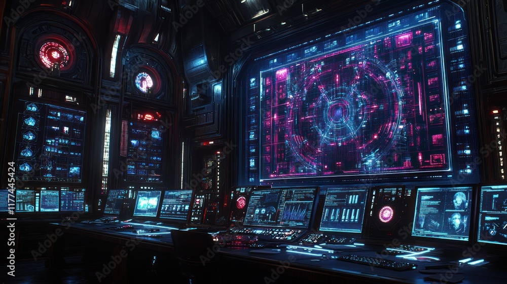 Fototapeta premium Futuristic control room with glowing holographic displays and advanced technology.