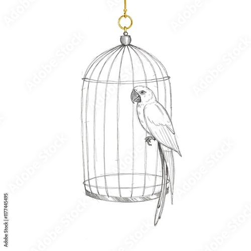 Hand-drawn parrot in birdcage illustration on white background. photo