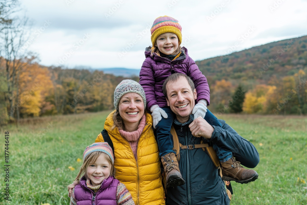 Happy family of four enjoying a colorful autumn day outdoors Happy family of four enjoying a colorful autumn day outdoors