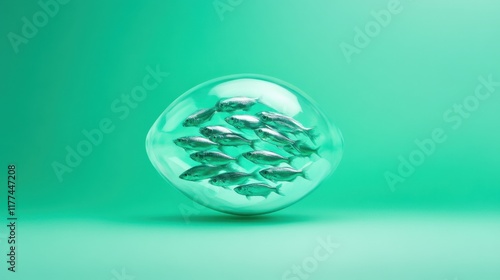 A translucent oval shape containing multiple small fish, set against a vibrant green background.