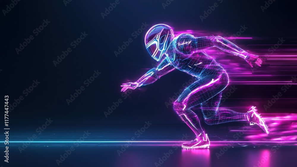 Fototapeta premium Futuristic runner in neon lights showcasing speed and motion.