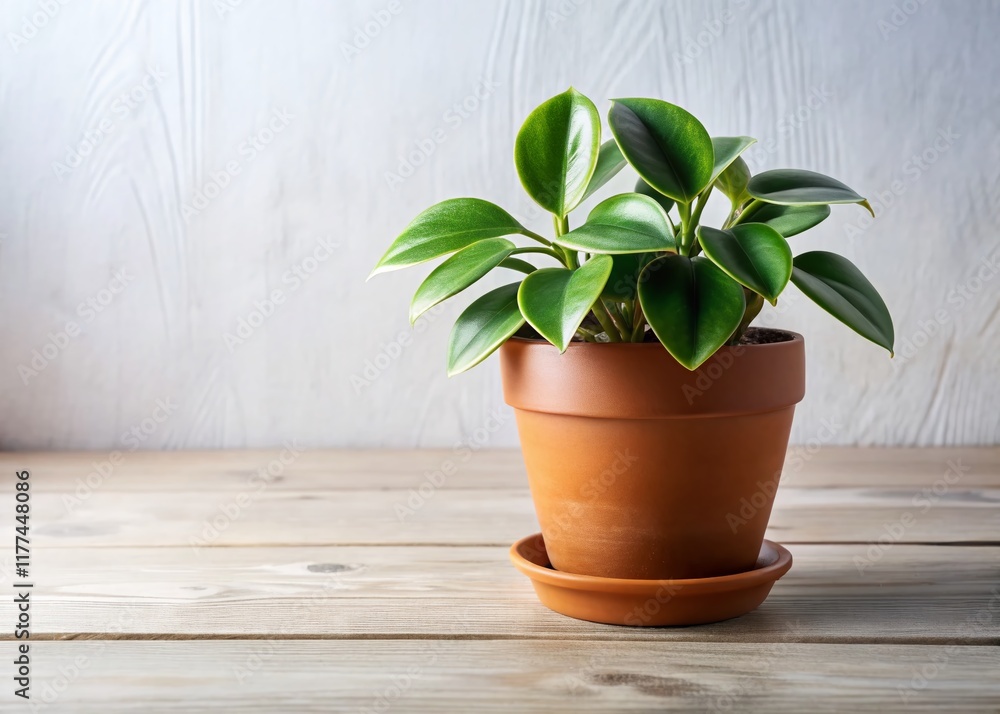 Fototapeta premium Hoya Kerrii Plant in Brown Pot on White Wooden Desk - Houseplant Stock Photo