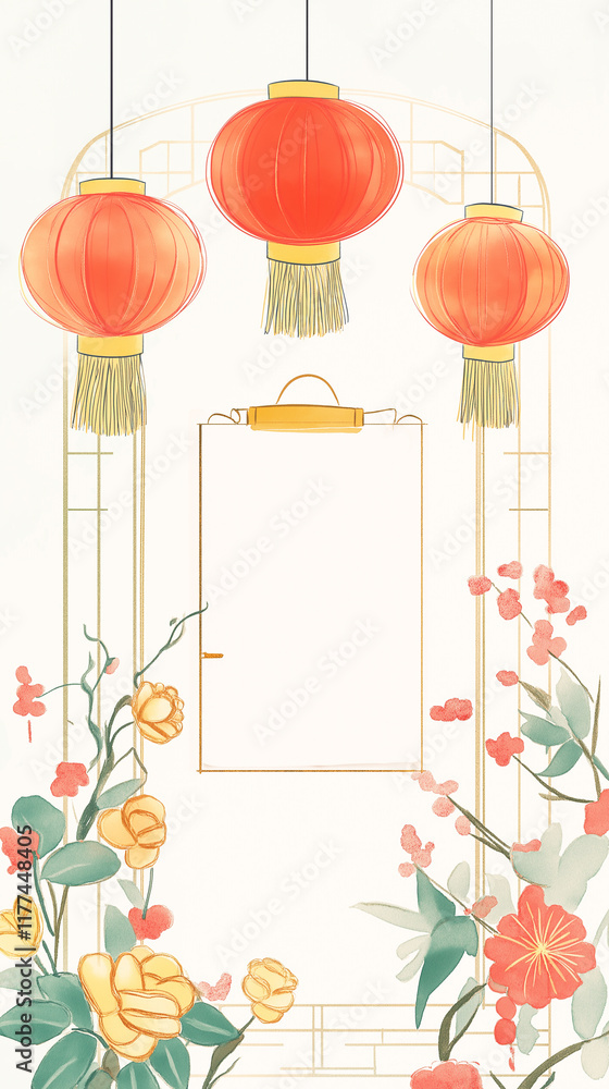 Classic Chinese-inspired decor with floral details and room for text
Classic Chinese-inspired decor with floral details and room for text