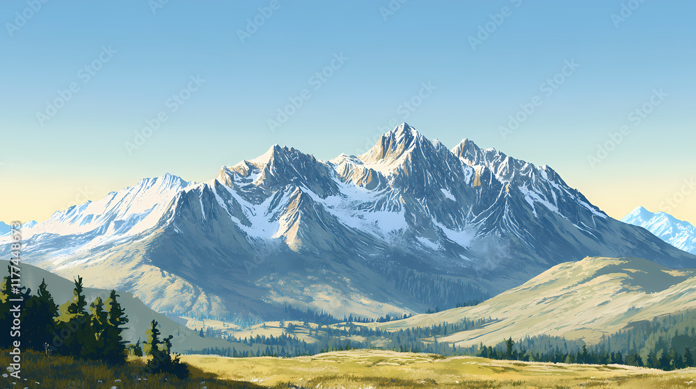 Fototapeta premium Mountain range mountain range with snowy peaks, clear sky, wideangle shot. Foothill. Illustration