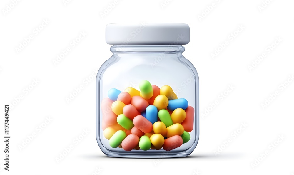 Colorful pills in a clear glass jar. Colorful pills in a clear glass jar.