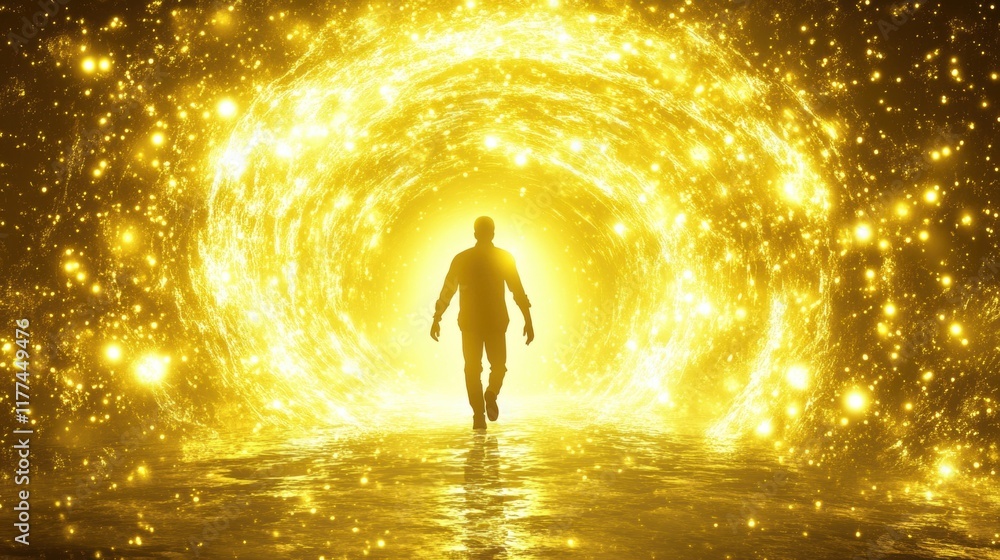 Man Walking Towards Golden Light Tunnel Man Walking Towards Golden Light Tunnel