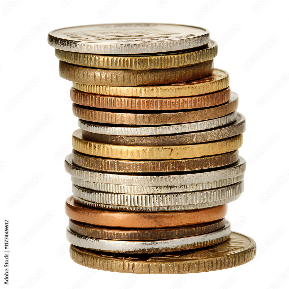 Stack of shiny coins in various colors and details, showcasing their beauty Stack of shiny coins in various colors and details, showcasing their beauty