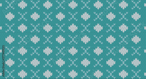 Green geometric knitted pattern, Festive Sweater Design. Seamless Knitted Pattern