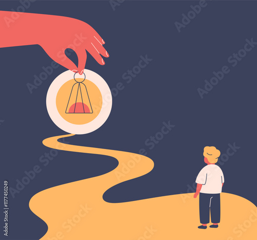 Adult lighting the way for a child with a flashlight. Parent, teacher or caregiver supporting the boy on his way forward in darkness. Safety environment for kids. Vector illustration