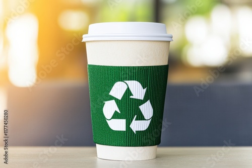 Eco-Friendly Coffee Cup Recycling Initiative Urban Cafe Environmental Awareness Campaign Sustainable Living Close-Up View Waste Reduction Concept photo