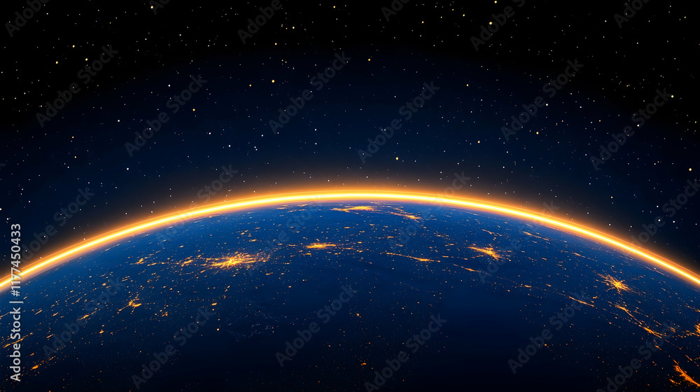 Obraz premium Earthrise sunrise over illuminated city lights, space background; perfect for science, travel, or environmental projects.