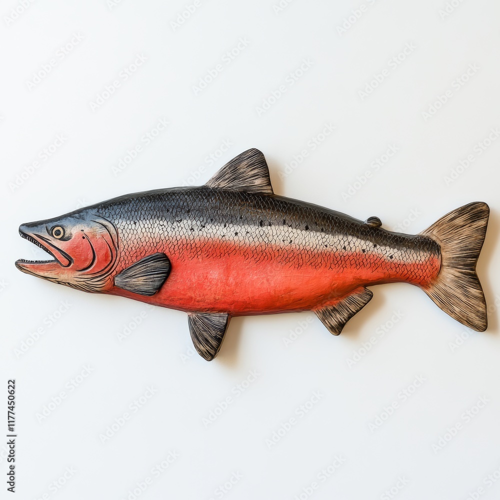 A full-body salmon, accurately detailed, floating mid-frame on a pristine white background A full-body salmon, accurately detailed, floating mid-frame on a pristine white background