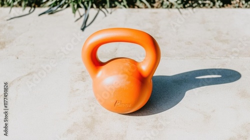 Orange kettlebell on light beige outdoor surface. photo