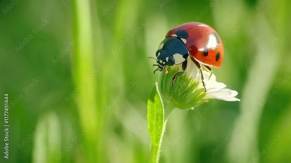Bright Red Ladybug on Delicate White Flower in Lush Green Environment Bright Red Ladybug on Delicate White Flower in Lush Green Environment