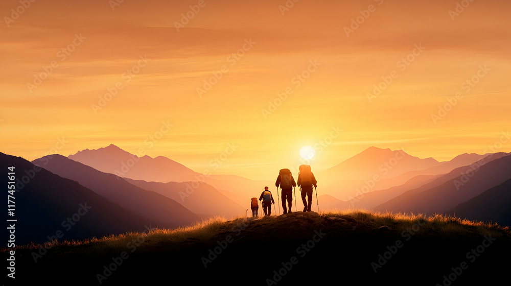Fototapeta premium Family hiking mountain sunset adventure travel photography, ideal for travel blogs and tourism websites.