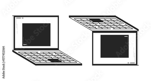 Two open laptops placed side by side doodle linear objects set. Notebooks with keyboards, touchpads 2D vector outline clip arts drawings isolated on white. Hand drawn sketch illustrations collection